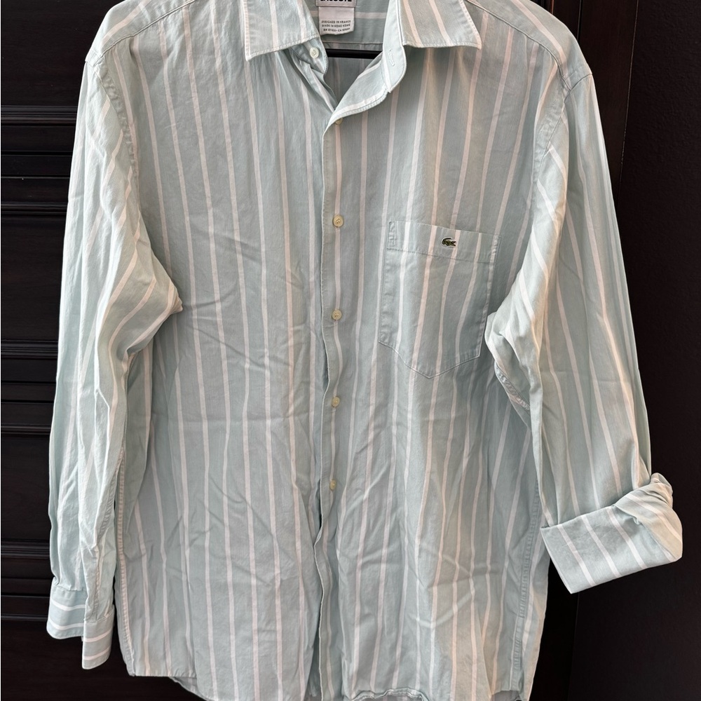 Lacoste Men's Mint Green Striped Button Down Shirt